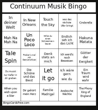 Continuum Musik Bingo Card