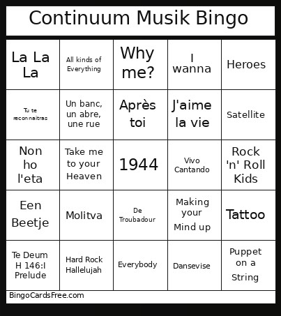 Continuum Musik Bingo Card