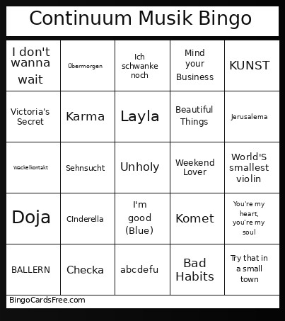 Continuum Musik Bingo Card