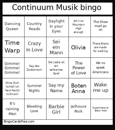 Continuum Musik Bingo Card