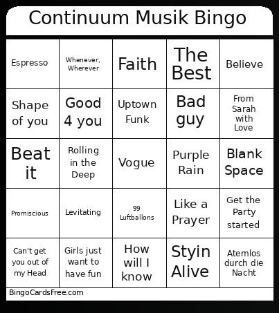 Continuum Musik Bingo Card