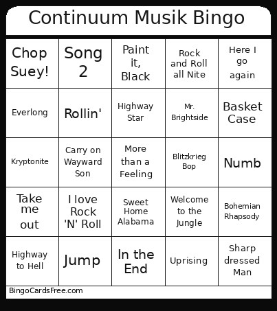 Continuum Musik Bingo Card