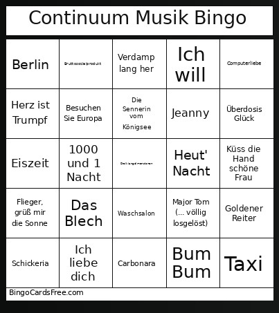 Continuum Musik Bingo Card