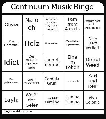 Continuum Musik Bingo Card