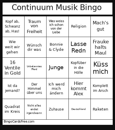 Continuum Musik Bingo Card