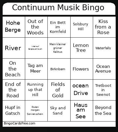 Continuum Musik Bingo Card