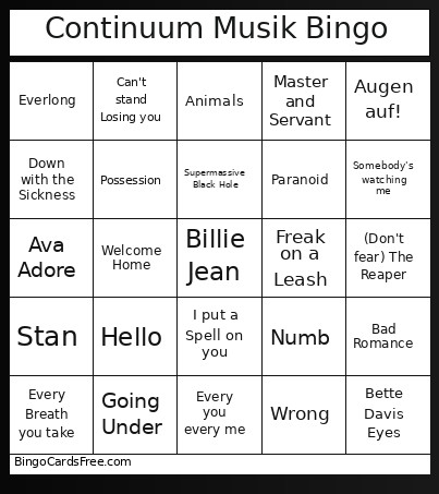 Continuum Musik Bingo Card