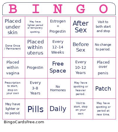 Contraception Bingo Card