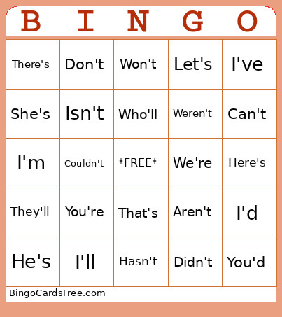Contraction Bingo Card