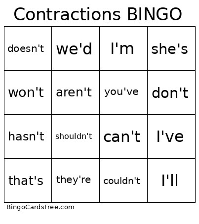 Contractions Bingo Card