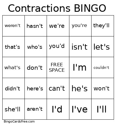 Contractions Bingo Card