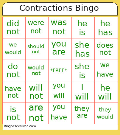 Contractions Bingo Card