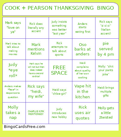 COOK + PEARSON THANKSGIVING Bingo Card