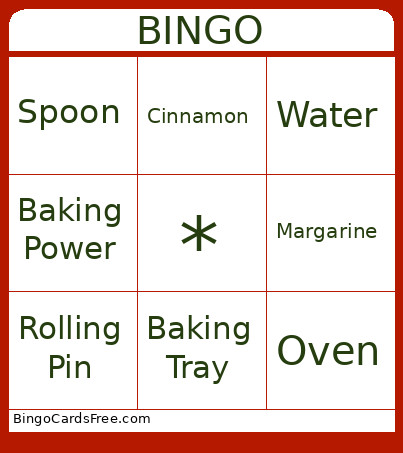 Cooking Class Bingo Card