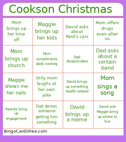 Cookson Christmas Bingo Card