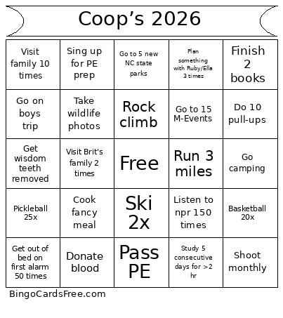 Coop’s 2026 Bingo Card