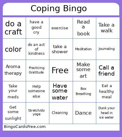 Coping mechanisms Bingo Cards Free Pdf Printable Game, Title: Coping Bingo 