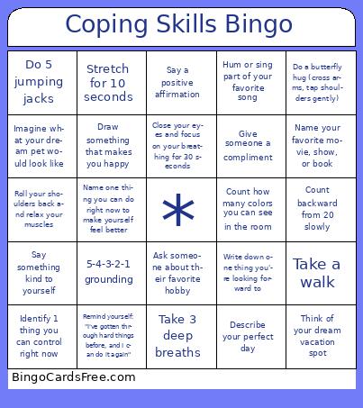 Coping Skills Bingo Cards Free Pdf Printable Game, Title: Coping Skills Bingo