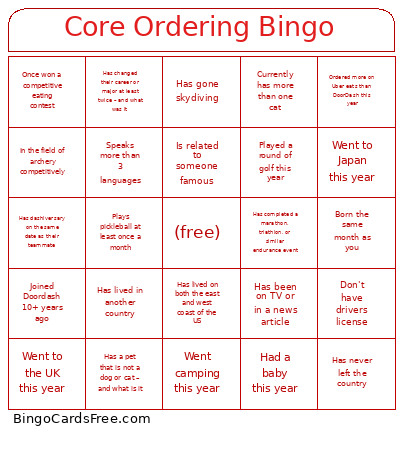 Core Ordering Bingo Card