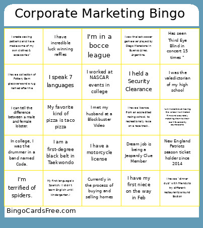 Corporate Marketing Icebreaker Bingo Card