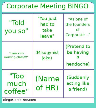 Corporate Meeting Bingo Card