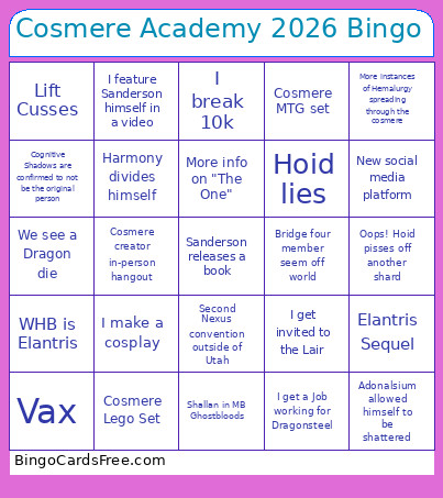 Cosmere Academy 2026 Bingo Card