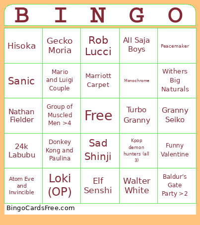Cosplay Bingo Card