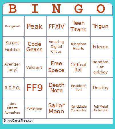 Cosplay Bingo Card
