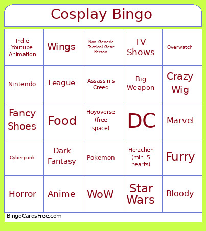 Cosplay Bingo Card
