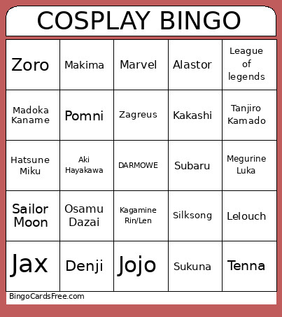 COSPLAY Bingo Card
