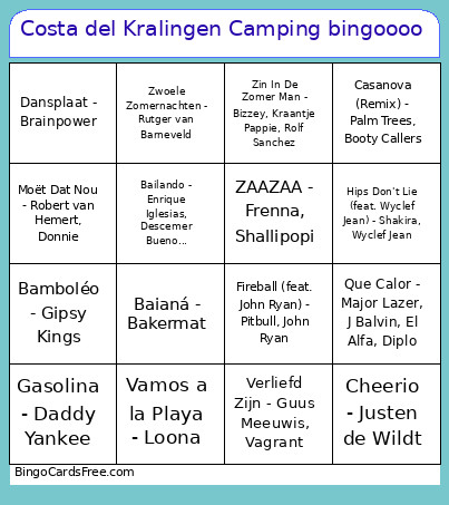 Costa Del Kralingen Camping Ooo Bingo Card