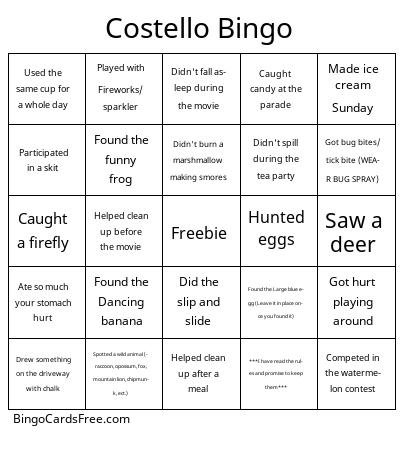 Costello Camp Bingo Cards Free Pdf Printable Game, Title: Costello Bingo