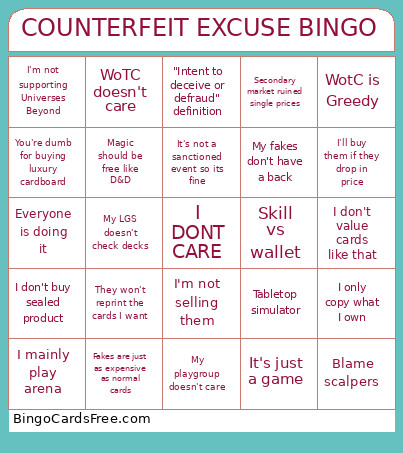 COUNTERFEIT EXCUSE Bingo Card