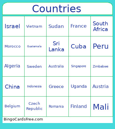 Countries Bingo Card