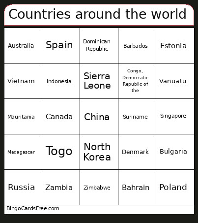 Countries Around The World Bingo Card