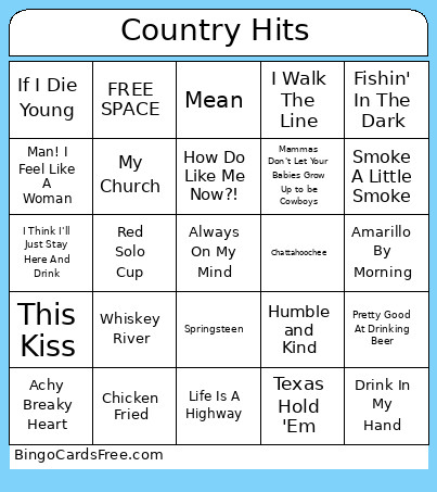 COuntry Hits Bingo Card