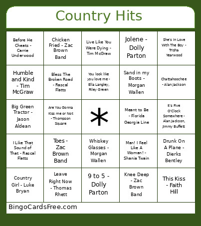 Country Hits Bingo Card