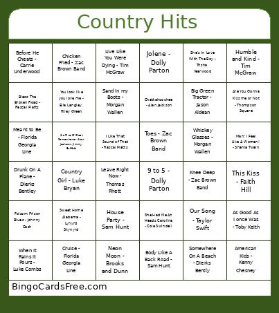 Country Hits Bingo Card 2