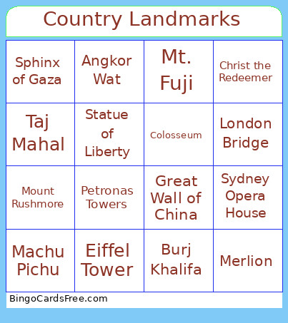 Country Landmarks Bingo Card