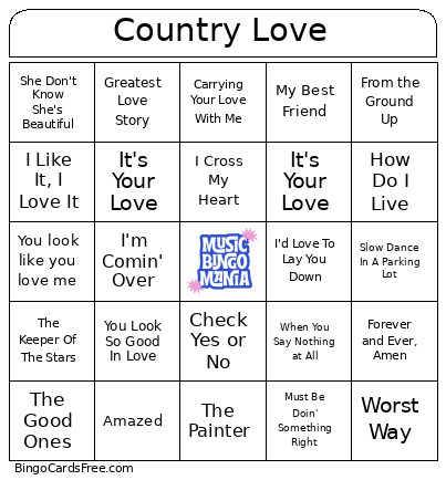Country Love Songs Bingo Card