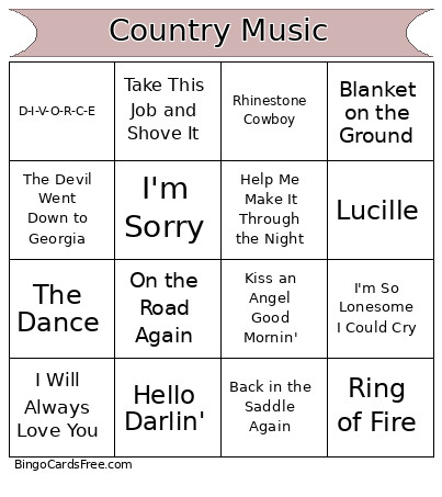 Country Music Bingo Card