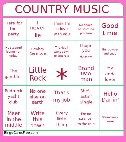 Country Music Bingo Card