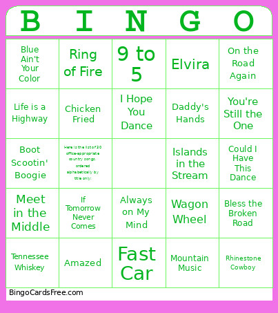 Country Music Bingo Card