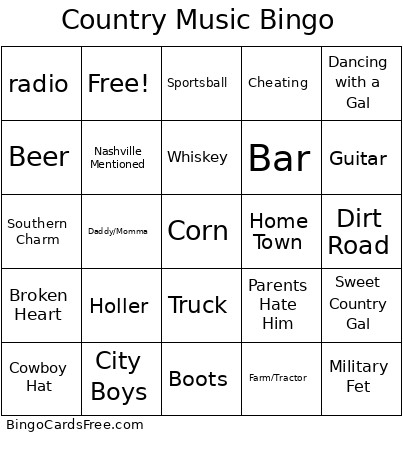 Country Music Bingo Card