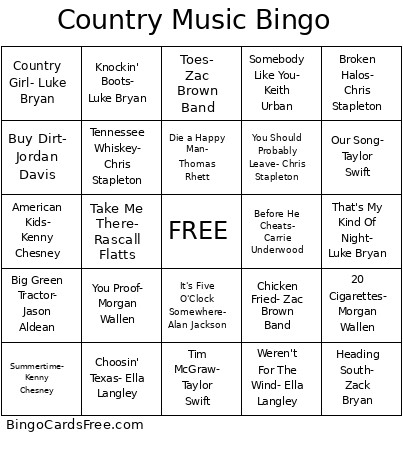 Country Music Bingo Card