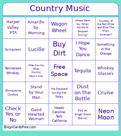 Country Music Bingo Card