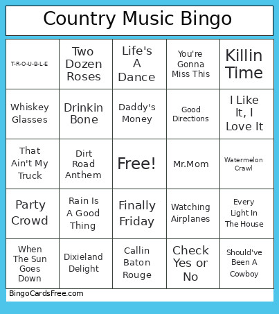 Country Music Bingo Card