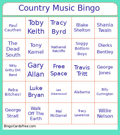 Country Music Bingo Card