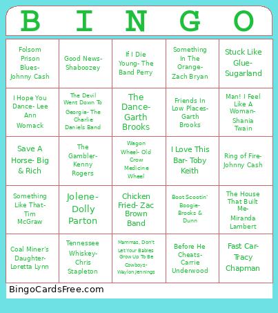Country Music Bingo Card