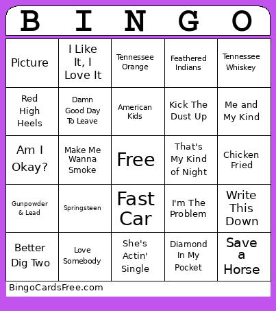 Country Music Bingo Card
